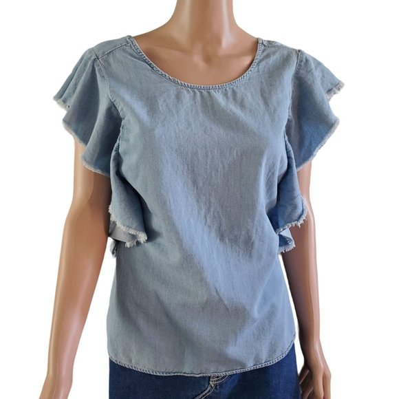 Express Sz Medium Blue Chambray Flutter Sleeve Open Back with Adj Knot Tie - Picture 2 of 7